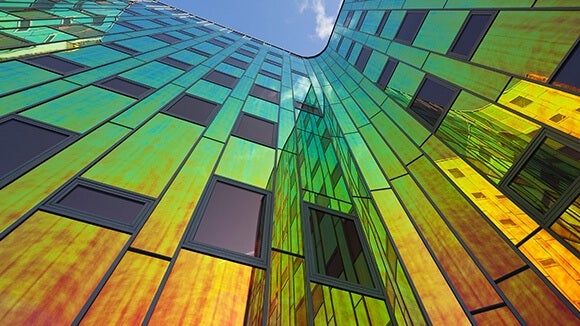 Architecture, immeuble, dégradé jaune vert bleu