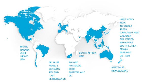 Carte : présence mondiale de Robert Walters Carte du monde blanche avec les pays où Robert Walters est présent en bleu